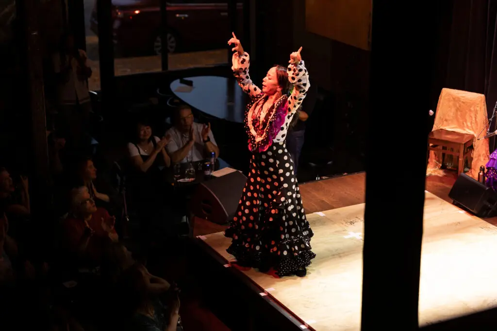 Flamenco dancer performing on stage in a polka dot dress, arms raised dramatically under spotlight, with audience members visible in the intimate venue's darkness