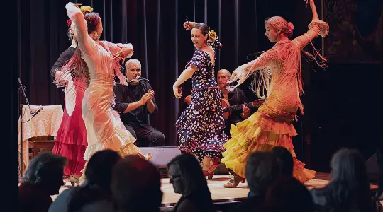 Group of flamenco dancers in colorful dresses performing on stage